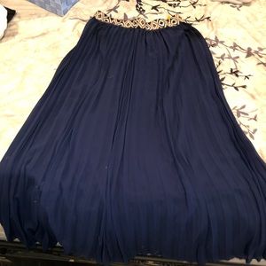 Navy blue elastic band summer floor length skirt
